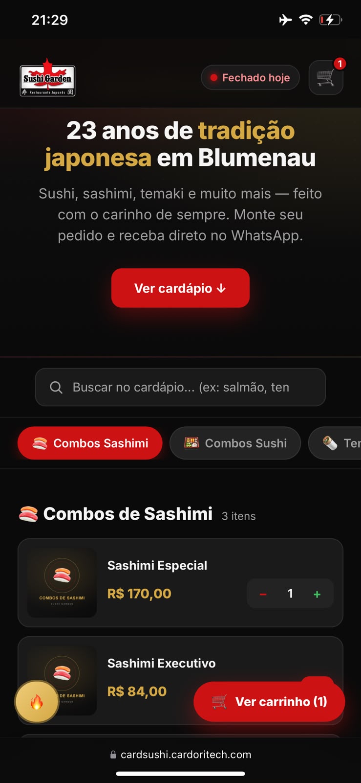 Tela inicial do sistema de pedidos, aberta no celular