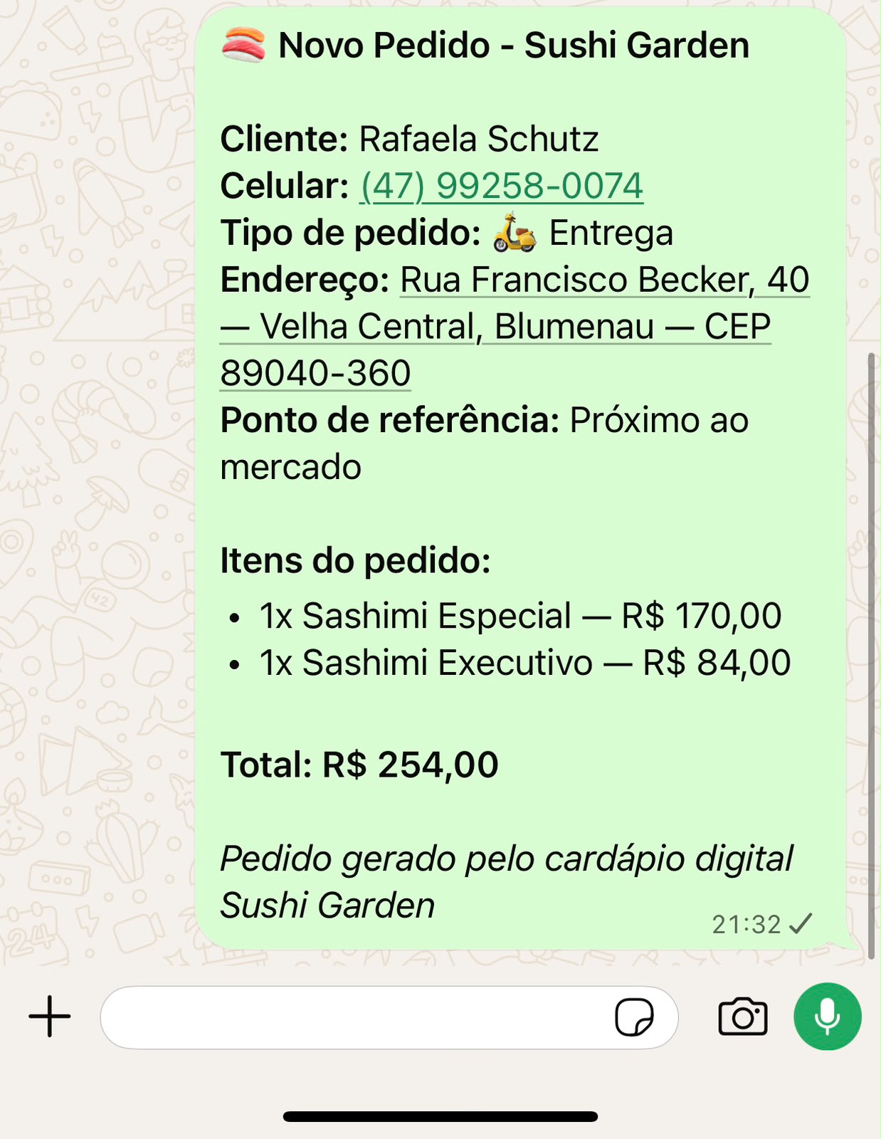 Pedido organizado chegando no WhatsApp do negócio